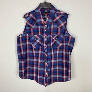 Roper Blue and Red Plaid Sleeveless Shirt
